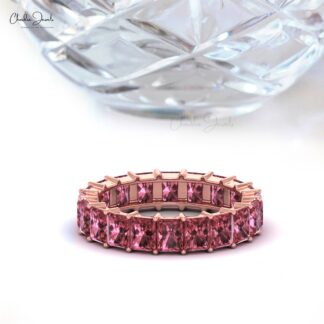 Octagon Gemstone Band In Real 14k Gold Pink Tourmaline Eternity Stack Ring For Her