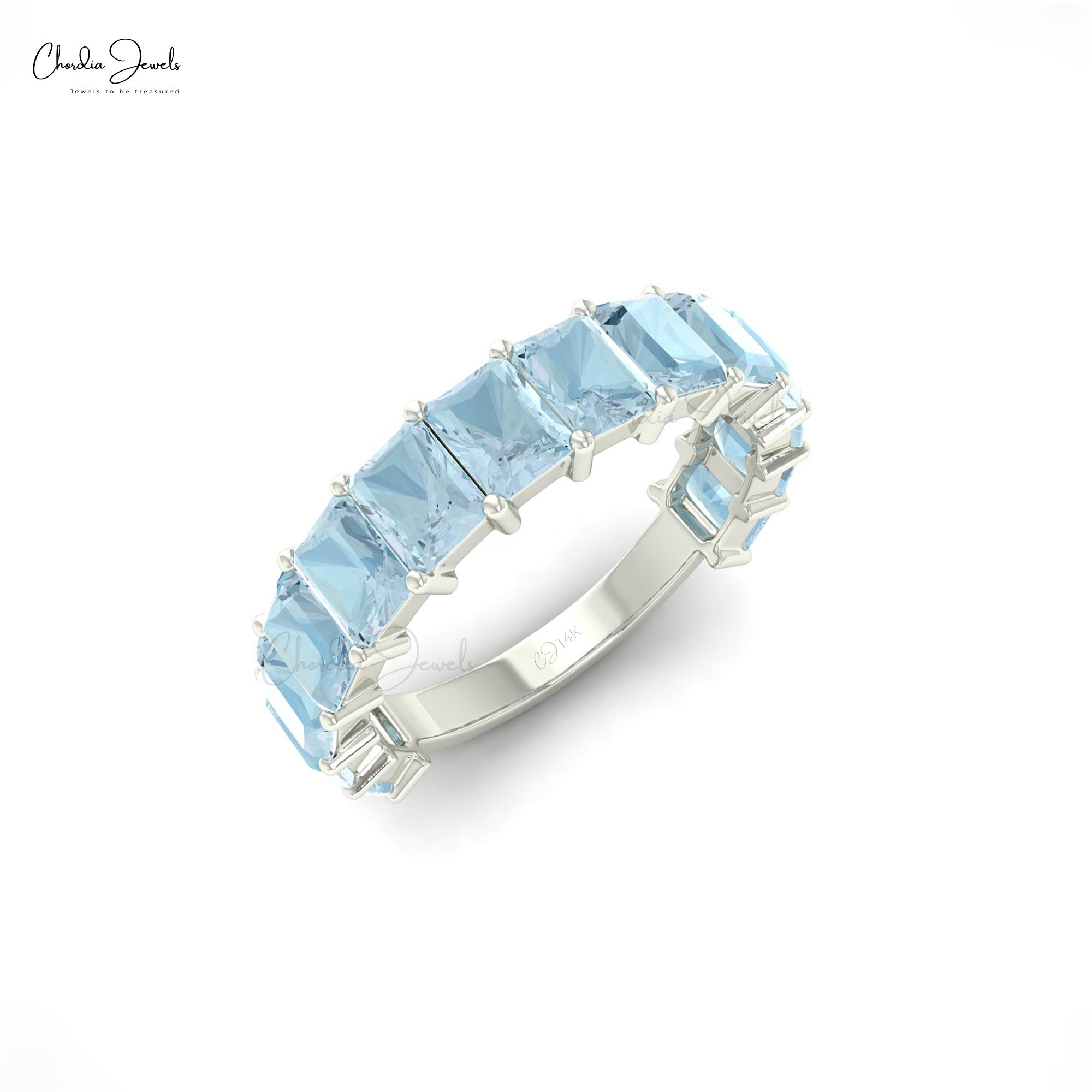 Natural Aquamarine Half Eternity Band in 14k Solid Gold
