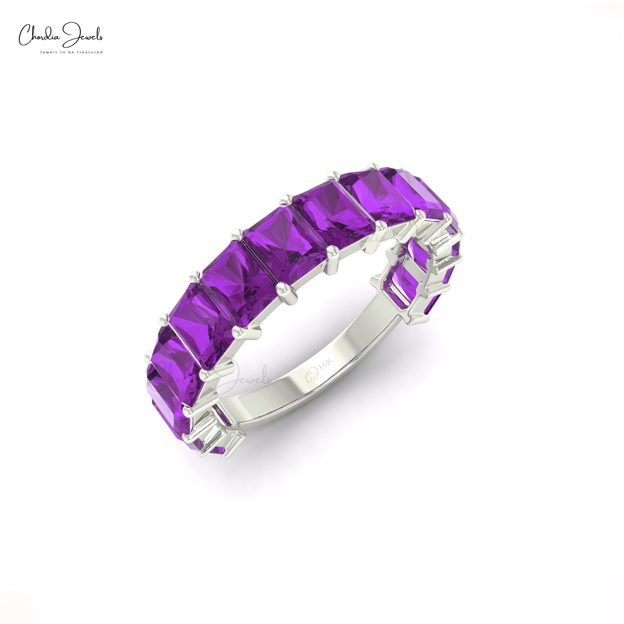 Natural Amethyst Half Eternity Band 14k Solid Gold 3.08Ct Octagon Gemstone Promise Ring