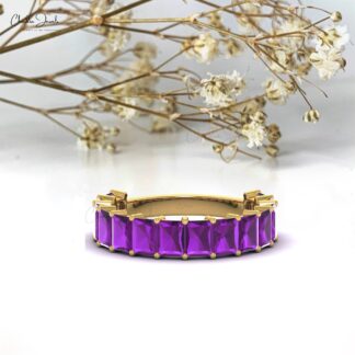 Natural Amethyst Half Eternity Band 14k Solid Gold 3.08Ct Octagon Gemstone Promise Ring
