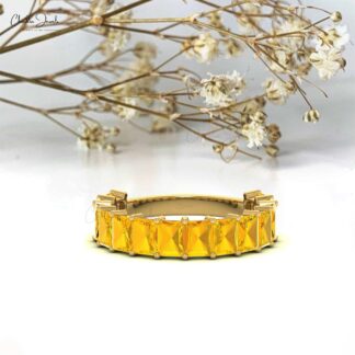 Half Eternity Women Band In 14k Real Gold Yellow Citrine 3.08 Ct Gemstone Ring