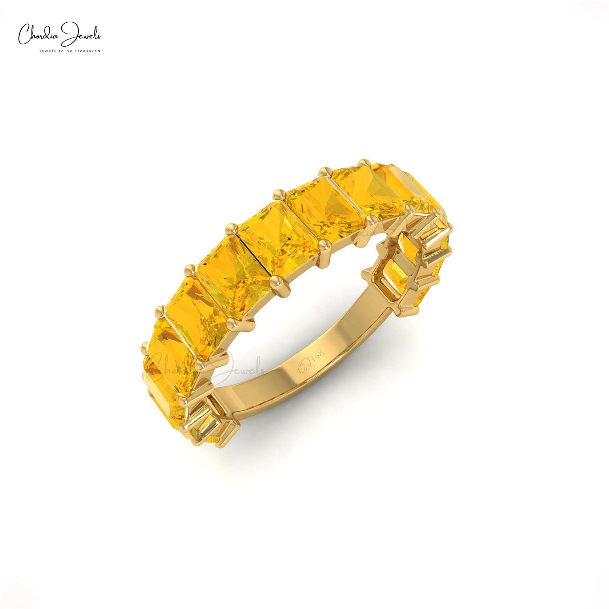 Half Eternity Women Band In 14k Real Gold Yellow Citrine 3.08 Ct Gemstone Ring