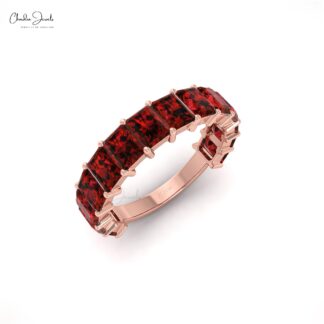 Emerald Cut Natural Garnet Half Eternity Band Ring For Women