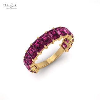 Pure 14k Gold Eternity Wedding Band With 4x3mm Rhodolite Garnet Halfway Women Ring