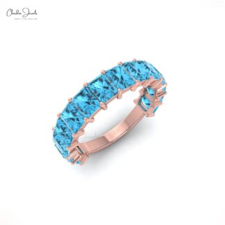Delicate Half Eternity Ring In 14k Pure Gold Swiss Blue Topaz 3.36 Ct Octagon Band Rings
