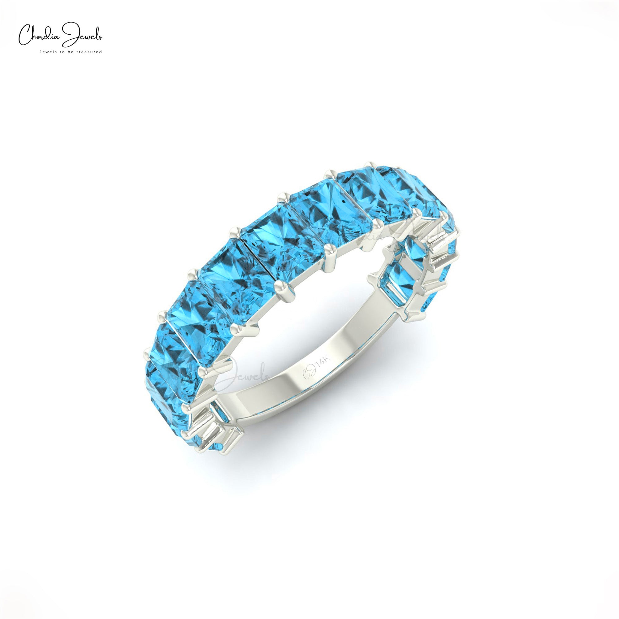 Delicate Half Eternity Ring In 14k Pure Gold Swiss Blue Topaz 3.36 Ct Octagon Band Rings