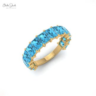 Delicate Half Eternity Ring In 14k Pure Gold Swiss Blue Topaz 3.36 Ct Octagon Band Rings
