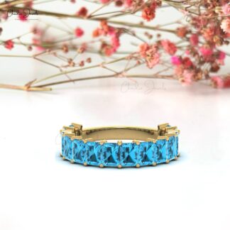 Delicate Half Eternity Ring In 14k Pure Gold Swiss Blue Topaz 3.36 Ct Octagon Band Rings