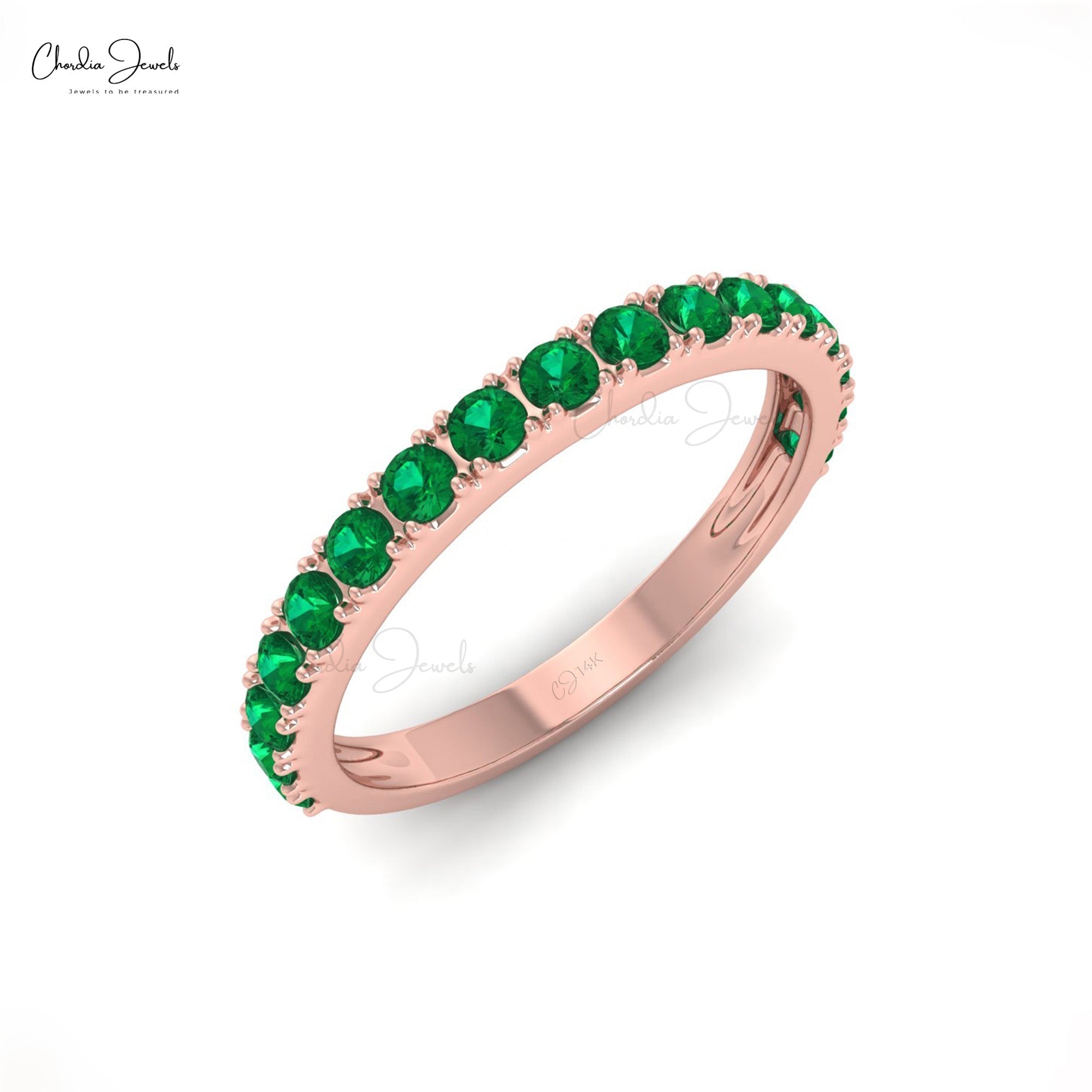 Dainty Half Eternity Band In 14k Pure Gold Zambian Emerald 2mm Round Cut Wedding Ring