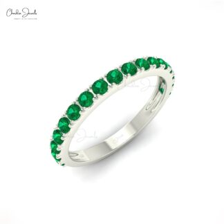 Dainty Half Eternity Band In 14k Pure Gold Zambian Emerald 2mm Round Cut Wedding Ring