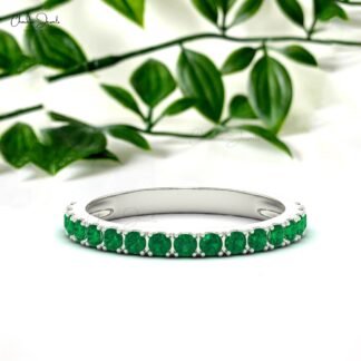 Dainty Half Eternity Band In 14k Pure Gold Zambian Emerald 2mm Round Cut Wedding Ring