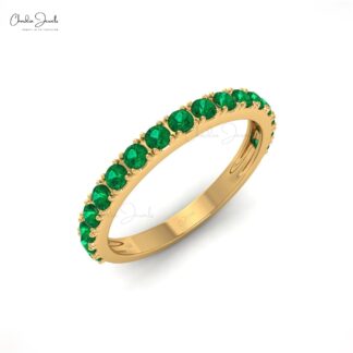 Dainty Half Eternity Band In 14k Pure Gold Zambian Emerald 2mm Round Cut Wedding Ring