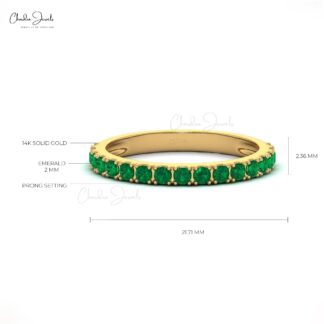 Dainty Half Eternity Band In 14k Pure Gold Zambian Emerald 2mm Round Cut Wedding Ring