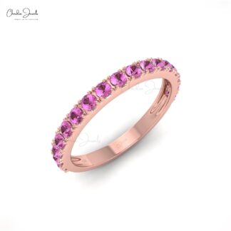 14K Solid Gold Gemstone Band For Women, 0.51Cts Natural Pink Sapphire Band Round Half Eternity Band