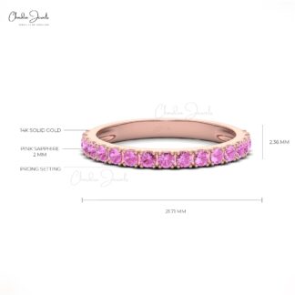 14K Solid Gold Gemstone Band For Women, 0.51Cts Natural Pink Sapphire Band Round Half Eternity Band