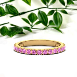 14K Solid Gold Gemstone Band For Women, 0.51Cts Natural Pink Sapphire Band Round Half Eternity Band