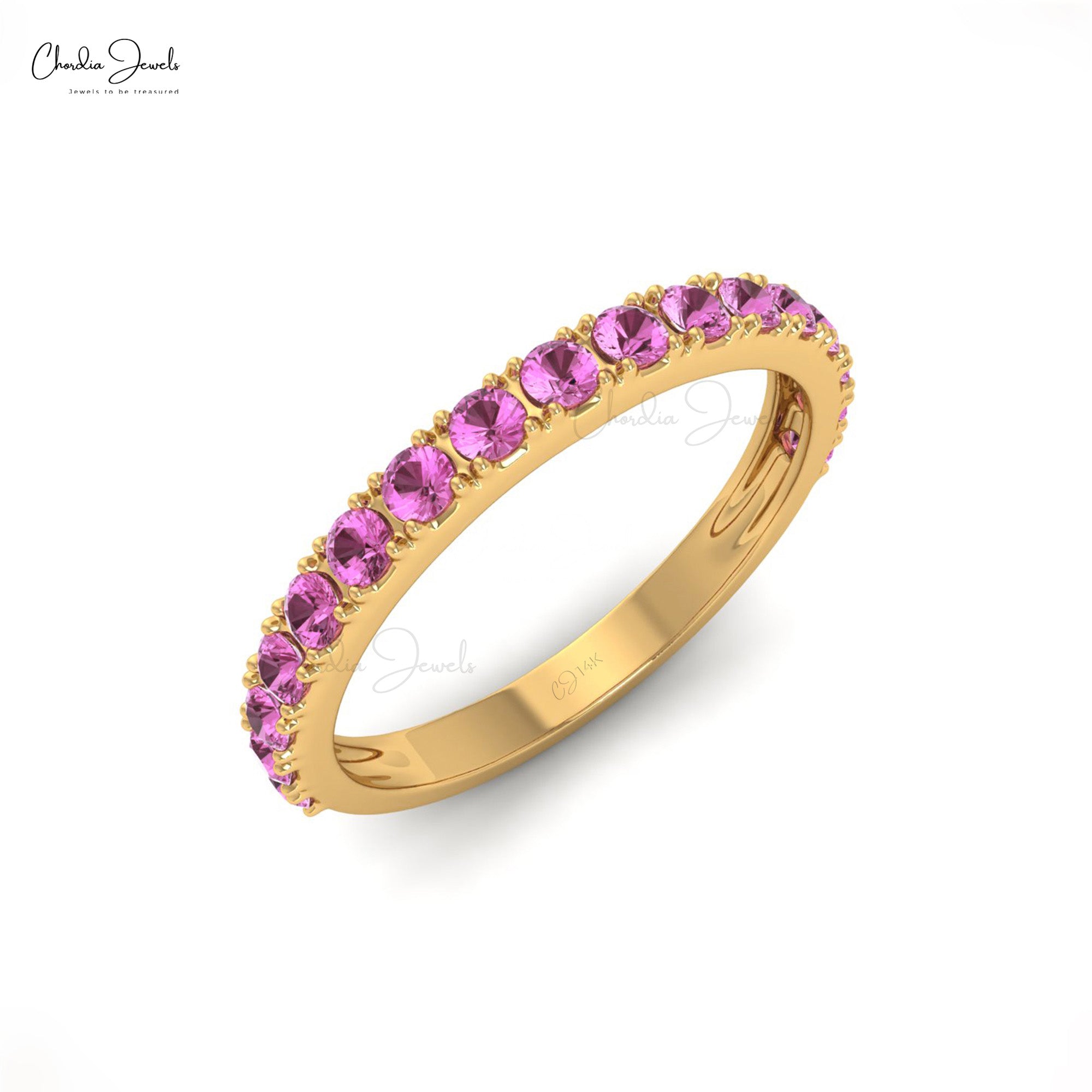 14K Solid Gold Gemstone Band For Women, 0.51Cts Natural Pink Sapphire Band Round Half Eternity Band