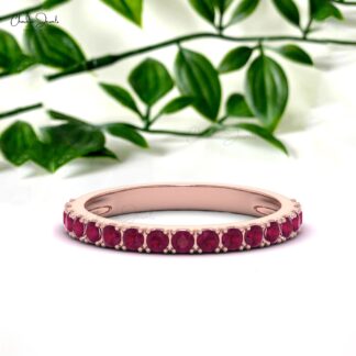 Brilliant Cut Stackable Ring With 0.51 Ct Ruby Half Eternity Band Rings In 14k Solid Gold