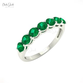 Seven Stone Authentic Emerald Engagement Ring in 14k Real Gold