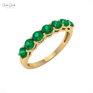 Seven Stone Authentic Emerald Engagement Ring in 14k Real Gold