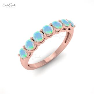 Real 14k Gold 7 Stone Band In 0.56 Ct Fire Opal October Birthstone Wedding Ring