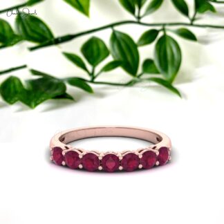 Seven Stone Wedding Band In 14k Solid Gold Burma Ruby 3mm Round Cut Half Eternity Ring