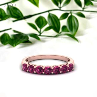 Dainty Seven Stone Ring With 3mm Rhodolite Garnet Prong Set In 14k Real Gold Jewelry