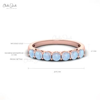 Brilliant Cut Half Eternity Band In 14k Solid Gold Rainbow Moonstone 3mm Gemstone Ring