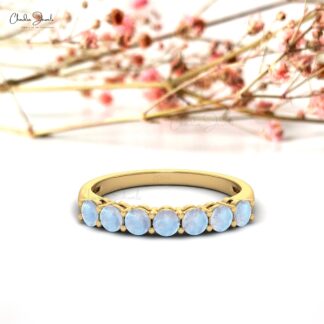 Brilliant Cut Half Eternity Band In 14k Solid Gold Rainbow Moonstone 3mm Gemstone Ring
