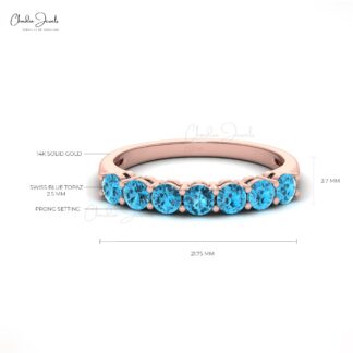 Gemstone Half Eternity Band In 14k Pure Gold Swiss Blue Topaz 7 Stone Rings For Mom