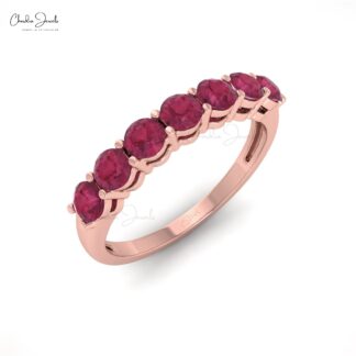 Round Seven Stone Ring With 3mm Pink Tourmaline Stacking Band In 14k Pure Gold