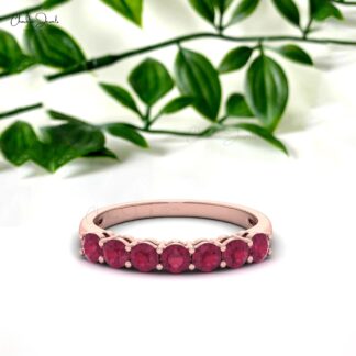 Round Seven Stone Ring With 3mm Pink Tourmaline Stacking Band In 14k Pure Gold
