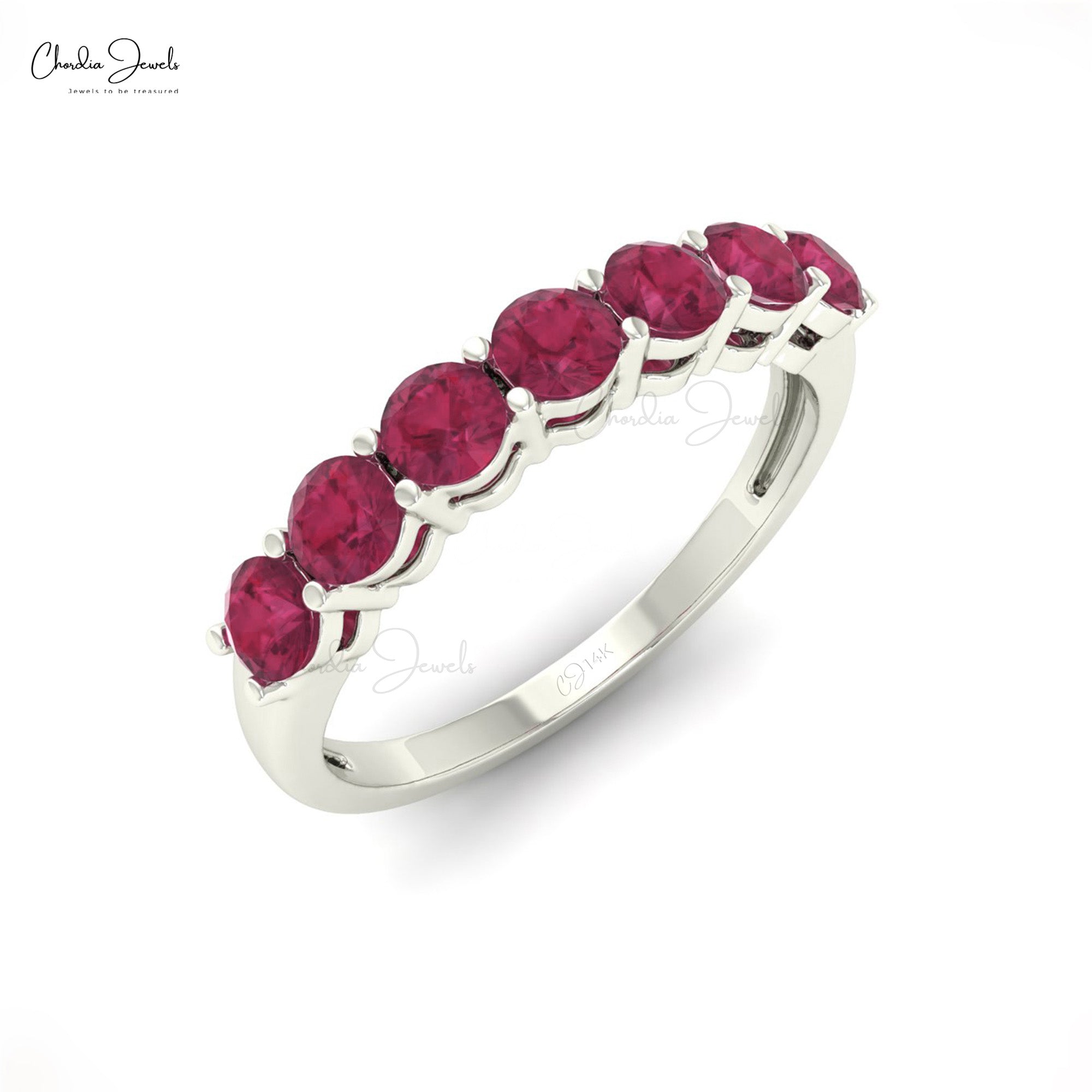 Round Seven Stone Ring With 3mm Pink Tourmaline Stacking Band In 14k Pure Gold