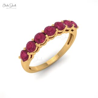 Round Seven Stone Ring With 3mm Pink Tourmaline Stacking Band In 14k Pure Gold