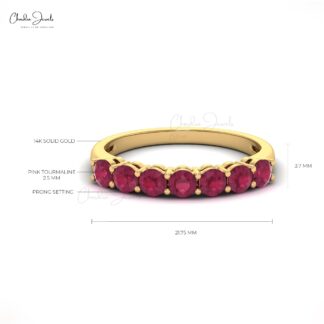 Round Seven Stone Ring With 3mm Pink Tourmaline Stacking Band In 14k Pure Gold