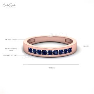 Stackable 14k Solid Gold Band With 0.27Ct Round Blue Sapphire Half Eternity Ring