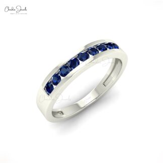 Stackable 14k Solid Gold Band With 0.27Ct Round Blue Sapphire Half Eternity Ring