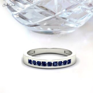 Stackable 14k Solid Gold Band With 0.27Ct Round Blue Sapphire Half Eternity Ring