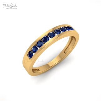 Stackable 14k Solid Gold Band With 0.27Ct Round Blue Sapphire Half Eternity Ring
