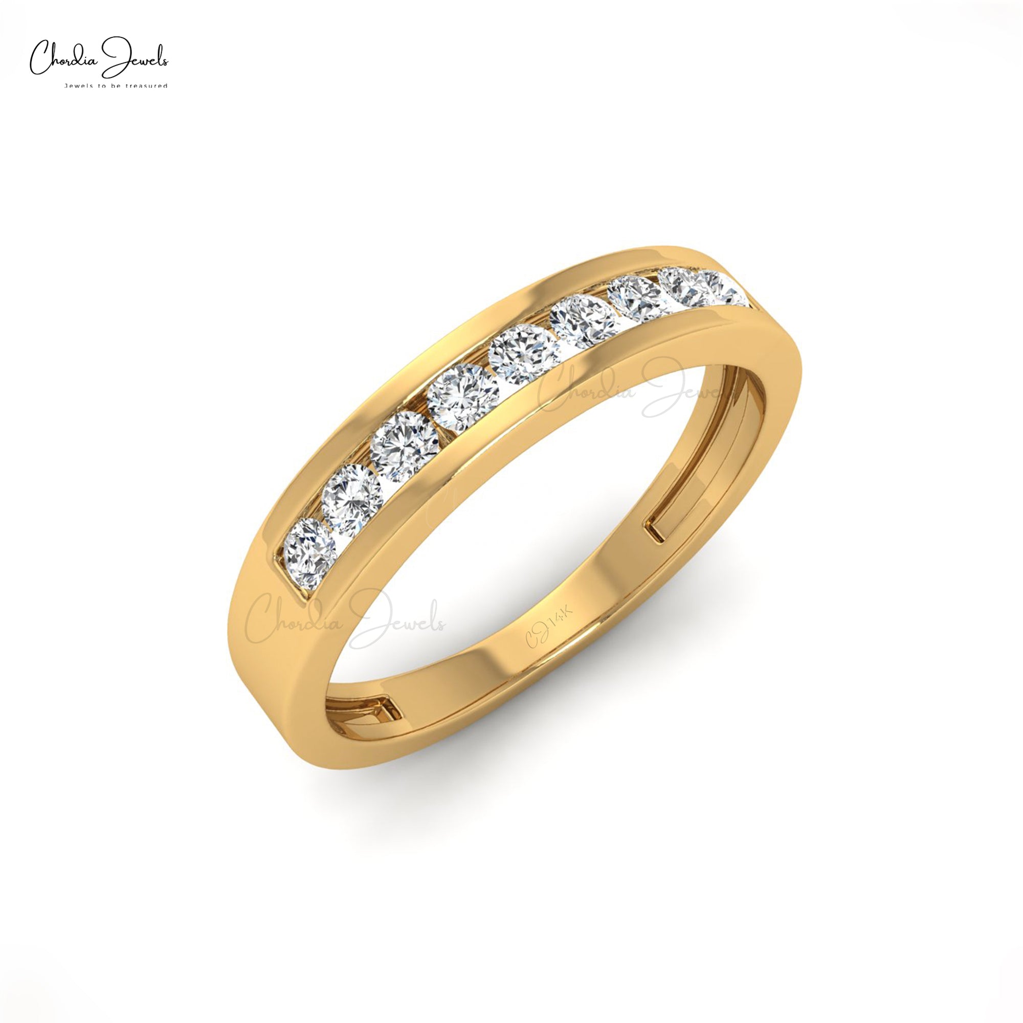 Channel Set Stack Ring With 2mm White Diamond Half Eternity Band In 14k Pure Gold