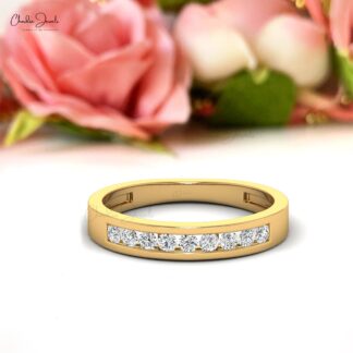 Channel Set Stack Ring With 2mm White Diamond Half Eternity Band In 14k Pure Gold