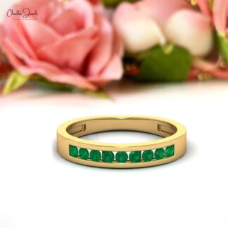 Birthstone Half Eternity 2mm Emerald Stacking Band Ring In 14k Solid Gold Jewelry