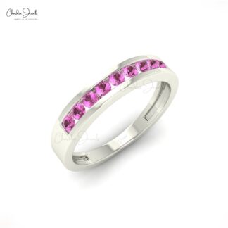 Nine Stone Half Eternity Band In Real 14k Gold Pink Sapphire 0.27Ct Gemstone Bridal Ring