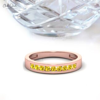 Round Cut Wedding Ring With 2mm Yellow Sapphire Channel Set In 14k Gold Band Rings