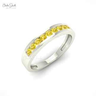 Round Cut Wedding Ring With 2mm Yellow Sapphire Channel Set In 14k Gold Band Rings