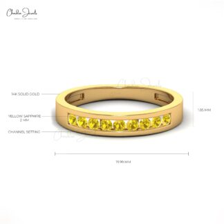 Round Cut Wedding Ring With 2mm Yellow Sapphire Channel Set In 14k Gold Band Rings