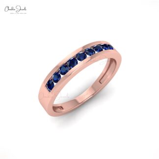Stackable 14k Solid Gold Band With 0.27Ct Round Blue Sapphire Half Eternity Ring