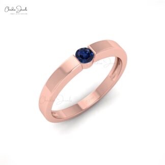 Brilliant Cut Solitaire Ring With 3mm Blue Sapphire Pressure Set In 14k Real Gold Ring