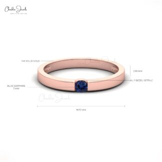 Brilliant Cut Solitaire Ring With 3mm Blue Sapphire Pressure Set In 14k Real Gold Ring