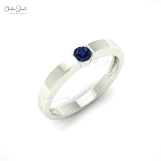 Brilliant Cut Solitaire Ring With 3mm Blue Sapphire Pressure Set In 14k Real Gold Ring
